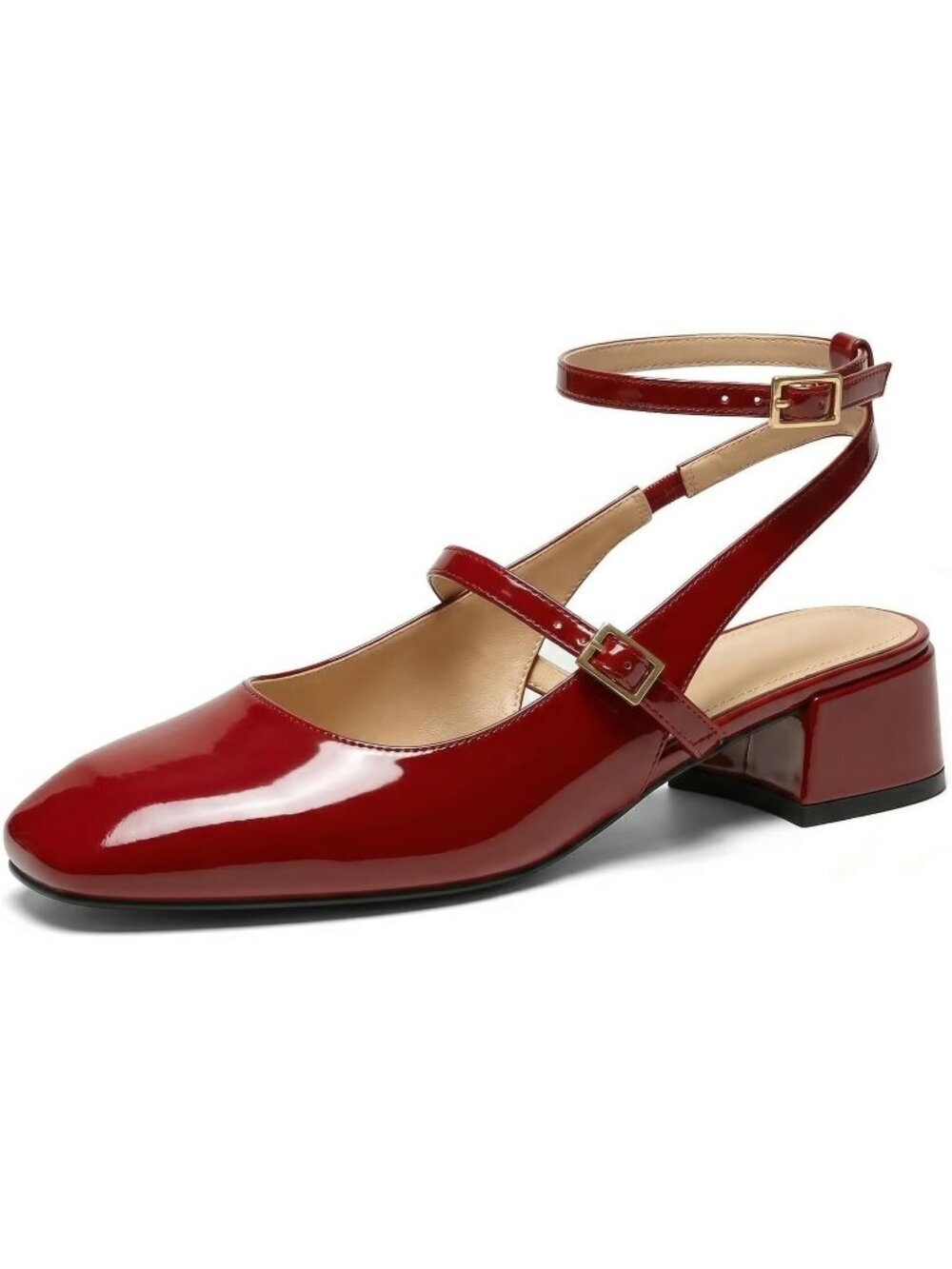 Women's Red Square Toe Mary Jane Pumps Chunky Low Heels Ankle Strap Shoes